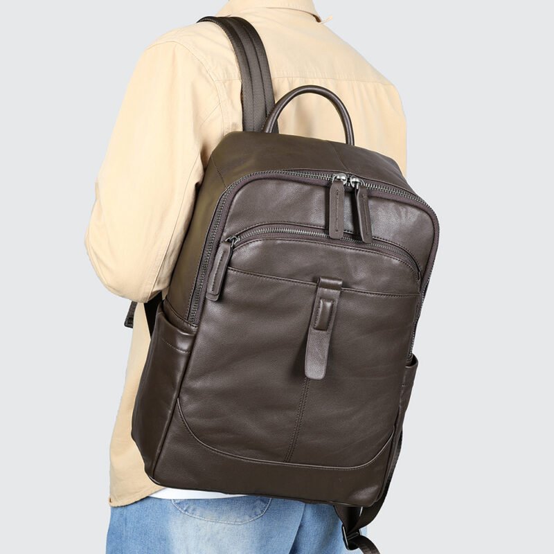 Genuine Leather Backpack， Men Business Travel Backpack School Bag ，14 Inch Leather Laptop Backpack - Image 5